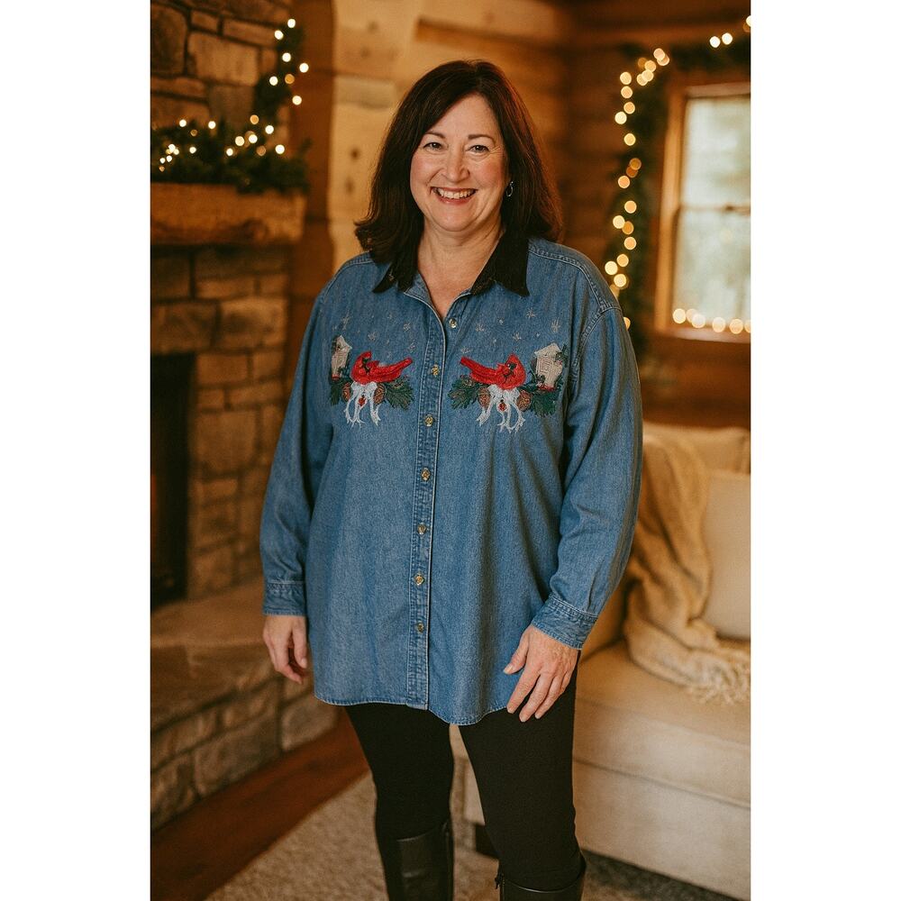 Bobbie Brooks Denim Shirt Embroidered Cardinals Christmas Top | 26W / 28W - Picture 1 of 7
